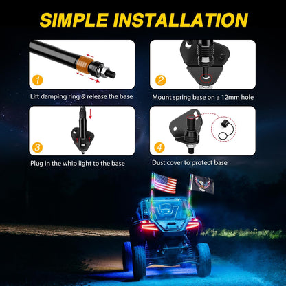 Waywe 1PC 3FT LED Whip Light Spiral RGB Chasing RF Remote Durable Lighted Antenna Whips w/ Rocker Switch for UTV ATV Truck Sand Rail Buggy Dune RZR Can-am