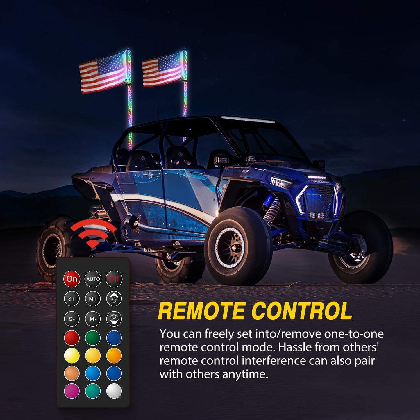 Waywe 2 PCS 5FT LED Whip Light with Spring Base Spiral RGB Chasing RF Remote Lighted Whips w/ Rocker Switch LED Antenna for UTV ATV Truck Sand Rail Buggy Dune RZR Can-am