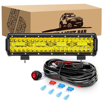 Waywe 12Inch 240W Triple Row Amber Led Light bar 30000LM Flood Spot Combo Off Road Work Light Driving Boat with Wiring Harness for UTV Jeep Truck Boat