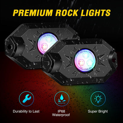 Waywe 2 PCS 4FT LED Whip Light with 4PCS Rock Lights Kit Spiral RGB Chasing App Remote Control Stop Turn Reverse Lights Whips for UTV ATV Truck Buggy Dune RZR