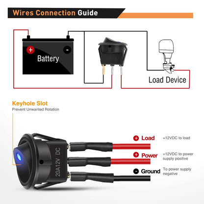 Waywe 8PCS 12V 20A Round Blue Toggle LED Rocker Switch On-Off Control SPST 3Pins Switches with 24PCS Wires for Car Truck Boat Marine Off-Road Vehicle