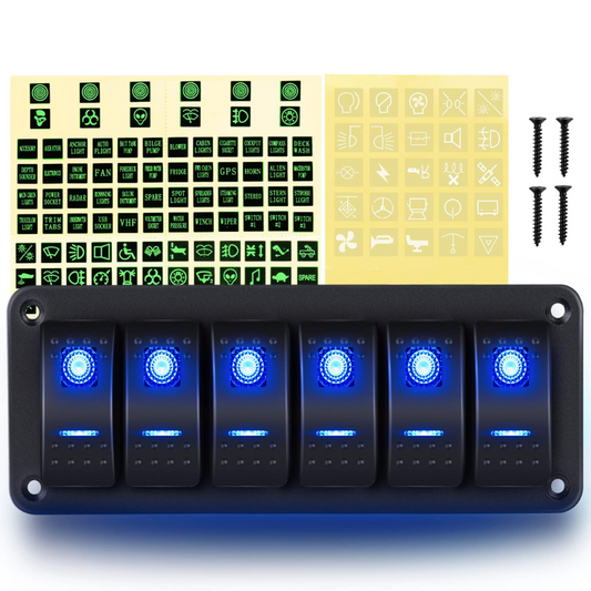 Waywe 6 Gang Aluminum Rocker Switch Panel Blue