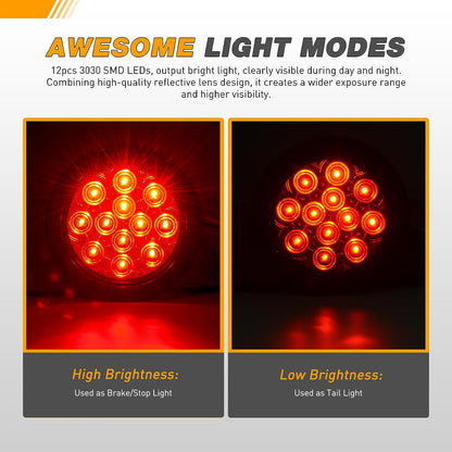 Waywe 4Inch Round Trailer Tail Light 4PCS 12LED Red Stop Brake Turn Signals Lights w/Surface Mount Grommets Plugs IP67 Waterproof for Truck RV Tractor