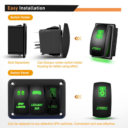 Waywe Stereo Rocker Switch Led Light Bar Switches 5Pin Laser On Off SPST switches Green 20A 12V 10A 24V  with Jumper Wires Set for Cars Trucks RVs