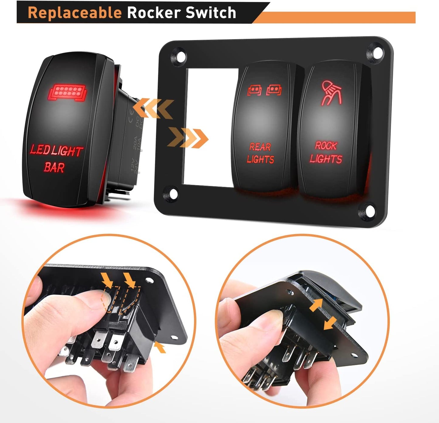 Waywe 3 Gang Rocker Switch Panel Aluminum 5 Pin ON Off Toggle Switch Panel LED Light Bar Switch SPST 12V 24V Red Switches for Marine Boats Cars ATVs UTVs