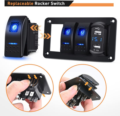Waywe 3 Gang Aluminum Rocker Switch Panel Blue with 4.8 Amp Dual USB Charger Voltmeter