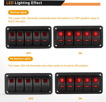Waywe 5 Gang Rocker Switch Panel 5Pin On Off Toggle Switch Aluminum Holder 12V 24V Dash Pre-Wired Red Backlit Switches for Automotive Cars Marine Boats RVs Truck