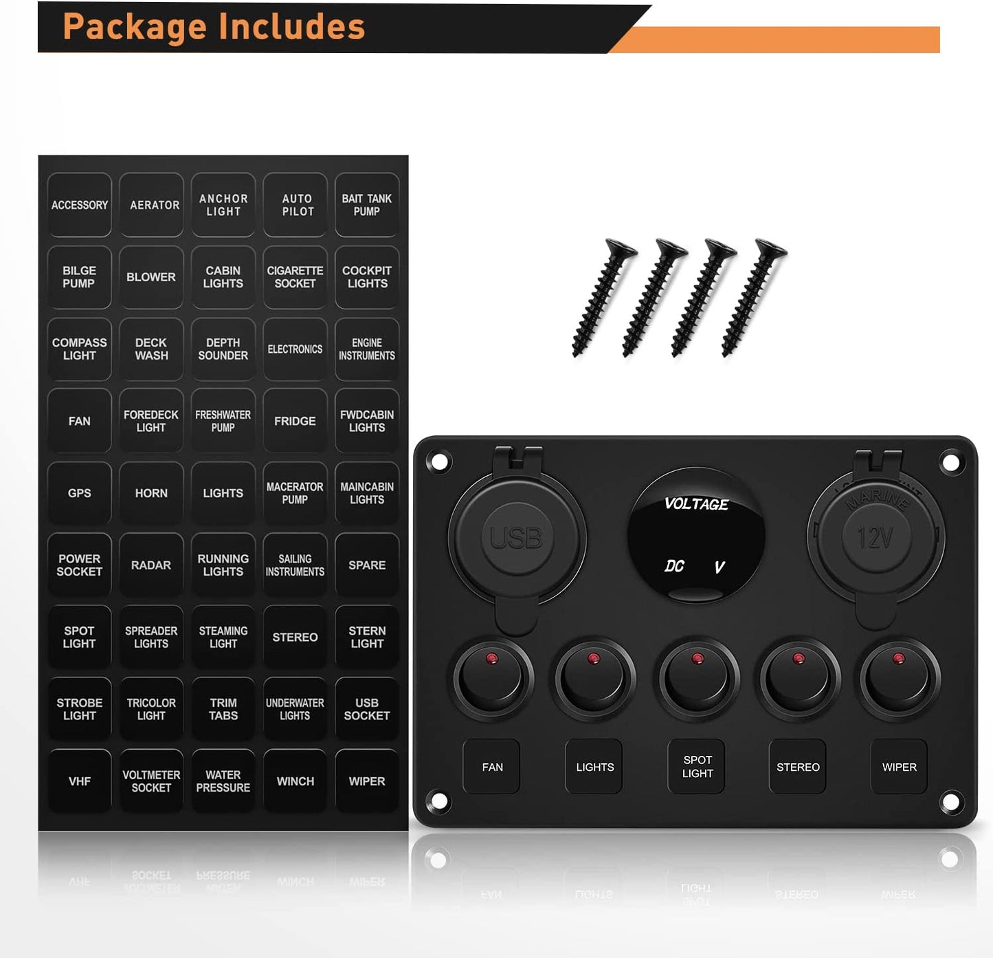 Waywe Multi-Function 5 Gang Rocker Switch Dual USB Charger Digital Volmeter 12V Outlet Pre-Wired Switch Panel Red with Circuit Breakers for RV Car Boat Truck Trailer