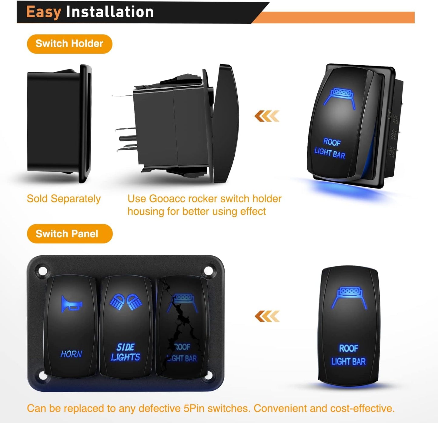 Waywe Roof Light Bar Rocker Switch Led Light Bar Switch 5Pin Laser On Off SPST switches 20A 12V 10A 24V Switch Blue with Jumper Wires Set for Cars Trucks RVs