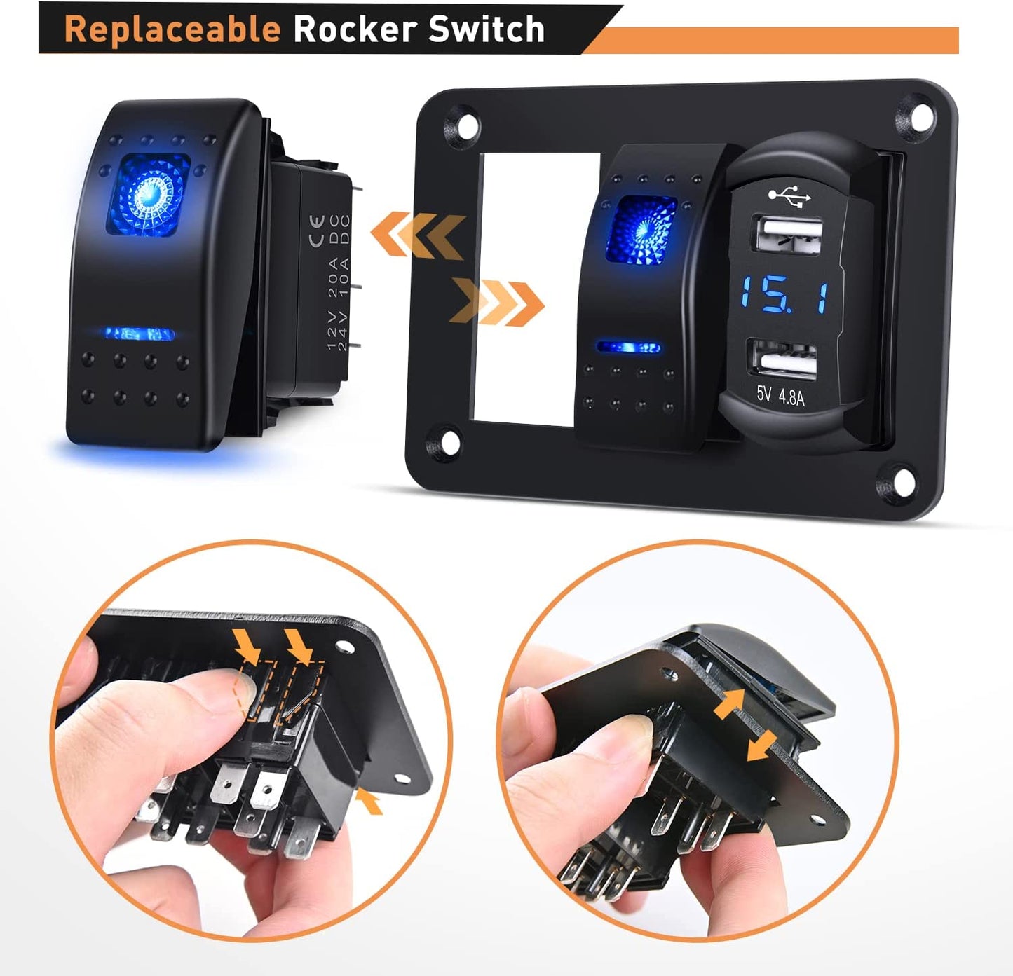 Waywe 2 Gang Aluminum Rocker Switch Panel Blue with 4.8 Amp Dual USB Charger Voltmeter