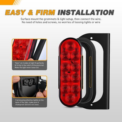Waywe 6Inch Oval Trailer Tail Light 2PCS 10LED Red Stop Brake Turn Signals Lights w/Surface Mount Grommets Plugs Mounting Brackets IP67 Waterproof for Truck RV Tractor