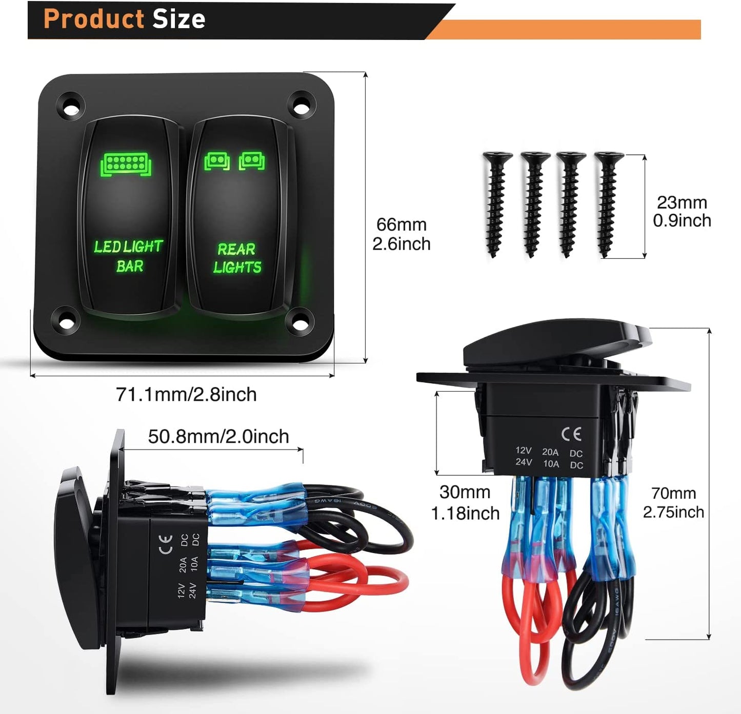 Waywe 2 Gang Rocker Switch Panel LED Light Bar Switch Rear Lights Switch 12 24V DC Green Switches 5Pin ON Off Pre-Wired Toggle Switch Panel for Cars ATVs UTVs