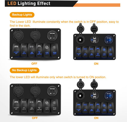 Waywe 6 Gang Rocker Switch Panel Laser Etched Aluminum Panel Waterproof Light Bar Switch Cigarette Lighter Dual USB Voltmeter for 12V 24V Cars