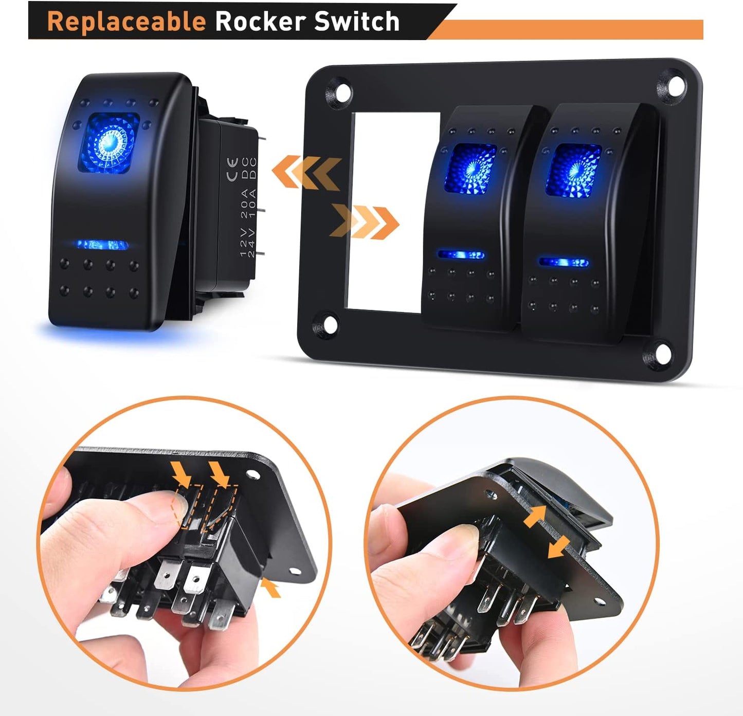 Waywe 3 Gang Aluminum Rocker Switch Panel Blue