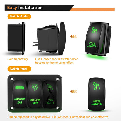 Waywe Rock Lights Rocker Switch Led Light Bar Switch 5Pin Laser On Off SPST switches 20A 12V 10A 24V Switch Green with Jumper Wires Set for Cars Trucks RVs