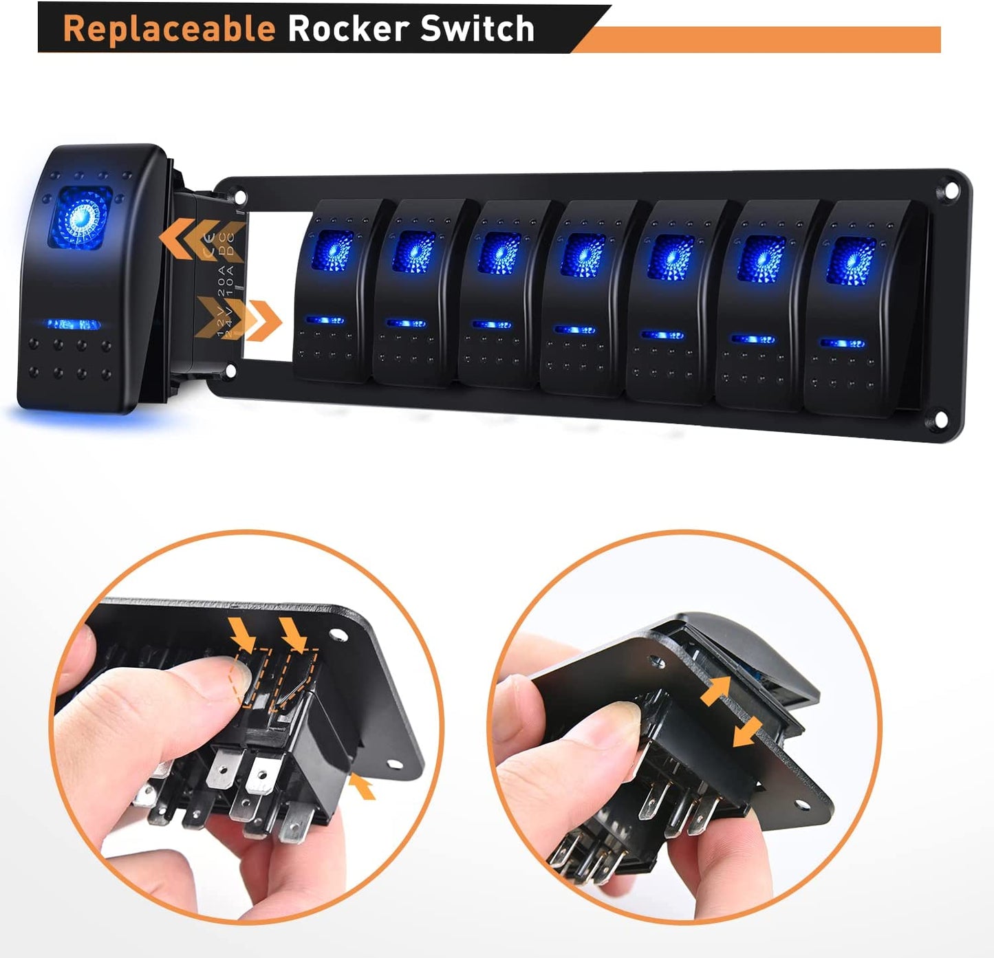 Waywe 8 Gang Aluminum Rocker Switch Panel Blue