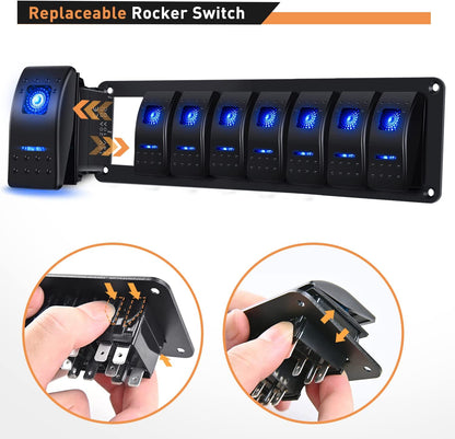 Waywe 8 Gang Aluminum Rocker Switch Panel Blue