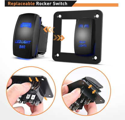 Waywe 2 Gang Rocker Switch Panel LED Light Bar Switch Rear Lights Switch 12 24V DC Blue Switches 5Pin ON Off Pre-Wired Toggle Switch Panel for Cars ATVs UTVs