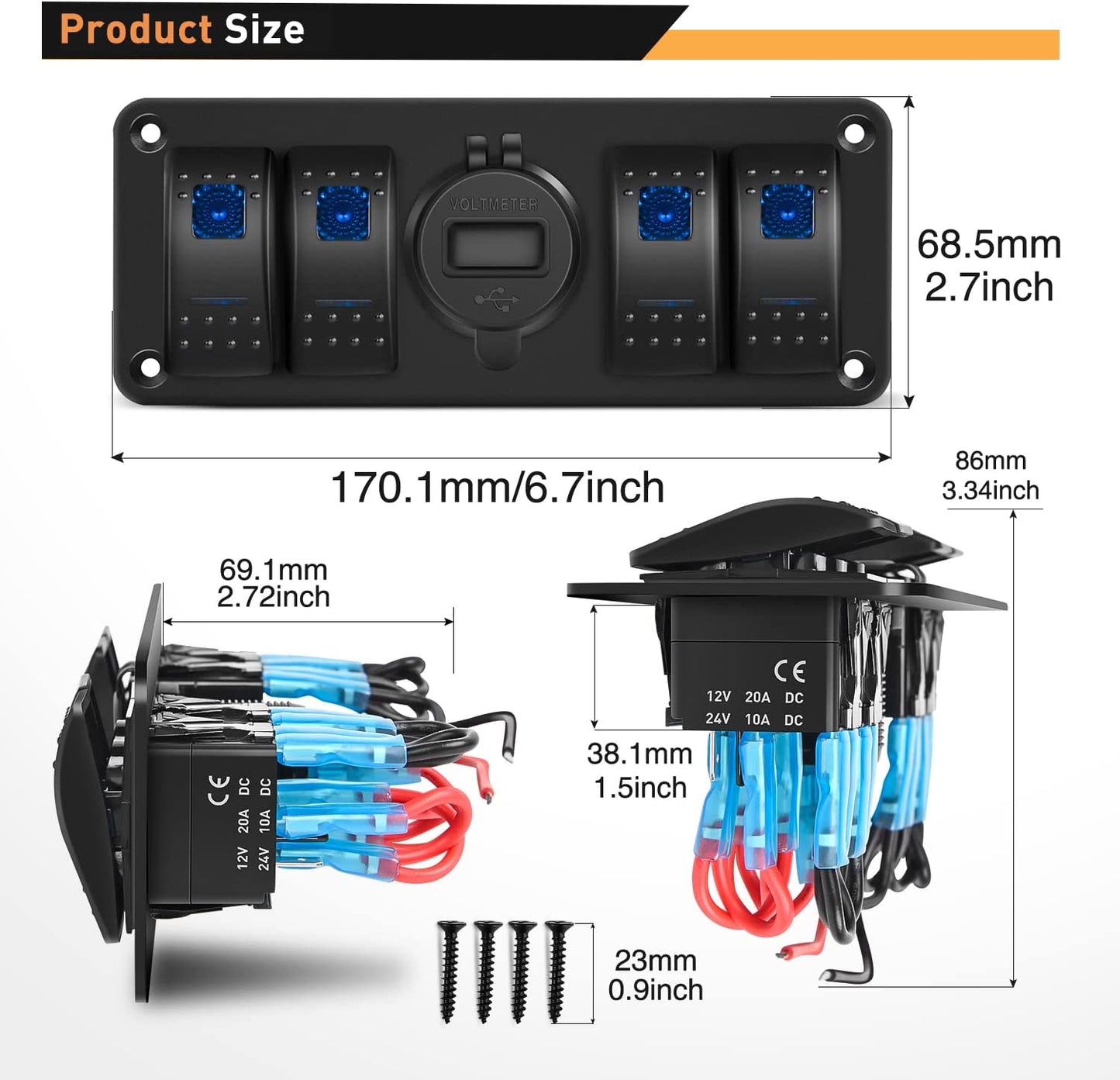 Waywe 4 Gang Rocker Switch Panel with USB Charger Voltmeter Waterproof 12V 24V DC Rocker Switch with QC3.0 Dual USB Charger for Cars Trucks Boats RV