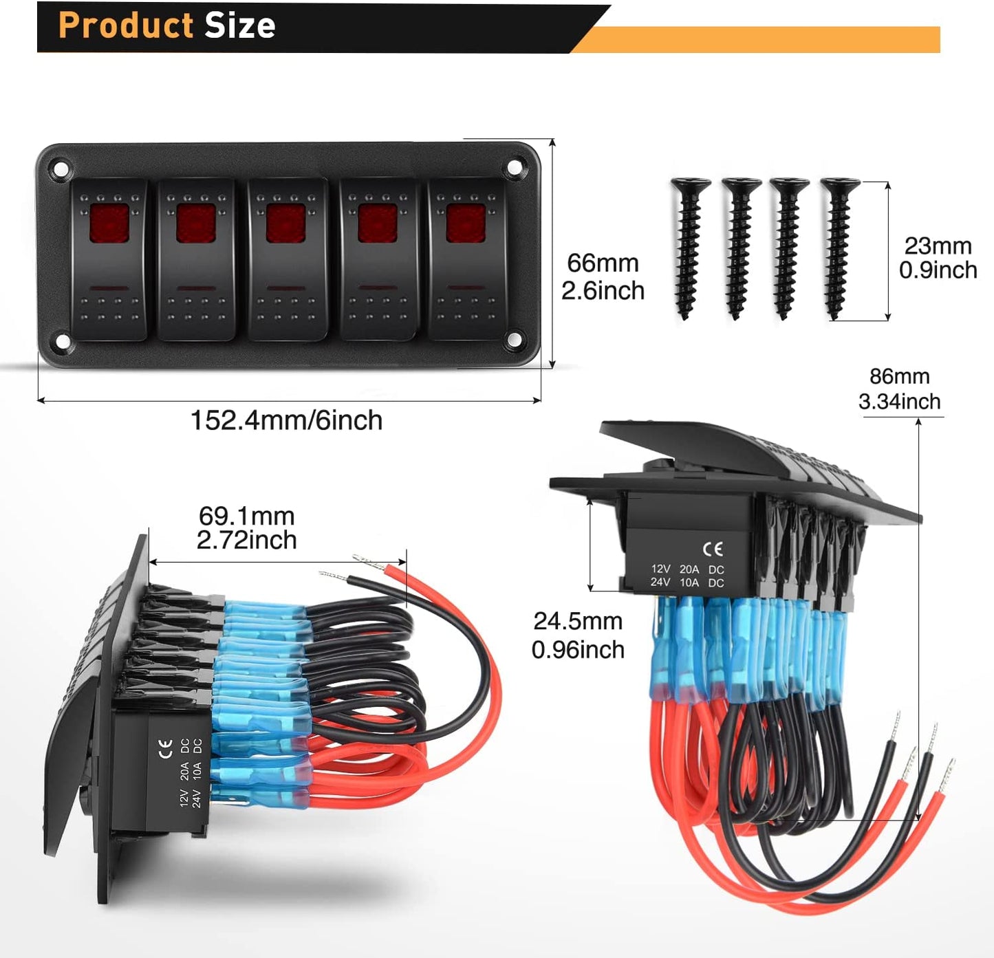 Waywe 5 Gang Rocker Switch Panel 5Pin On Off Toggle Switch Aluminum Holder 12V 24V Dash Pre-Wired Red Backlit Switches for Automotive Cars Marine Boats RVs Truck