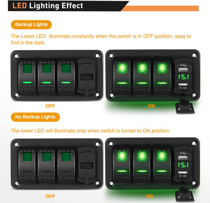 Waywe 3 Gang Rocker Switch Panel Green Backlit with 4.8 Amp Dual USB Charger Voltmeter Waterproof 12V 24V DC Rocker Switch  for Car Trucks Boats RVs