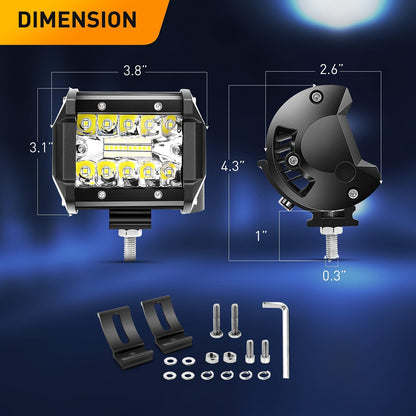 Waywe 2 Pcs 60W 4 Inch Triple Row Flood LED Pods with 16AWG 3Pin Wiring Harness-2 Leads