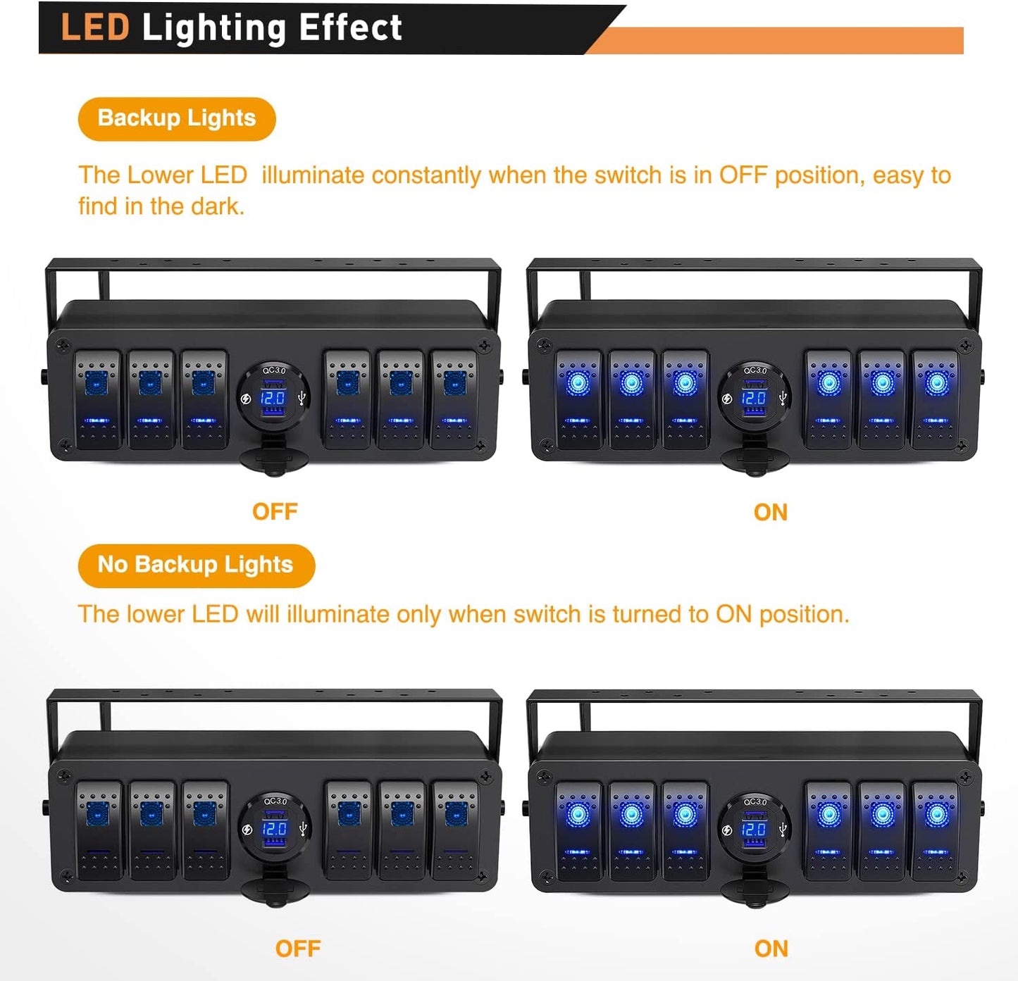 Waywe 6 Gang Rocker Switch Box 12V SPST ON Off QC 3.0 USB Charger Voltmeter Waterproof Aluminum Panel for Boats Cars RVs Trucks