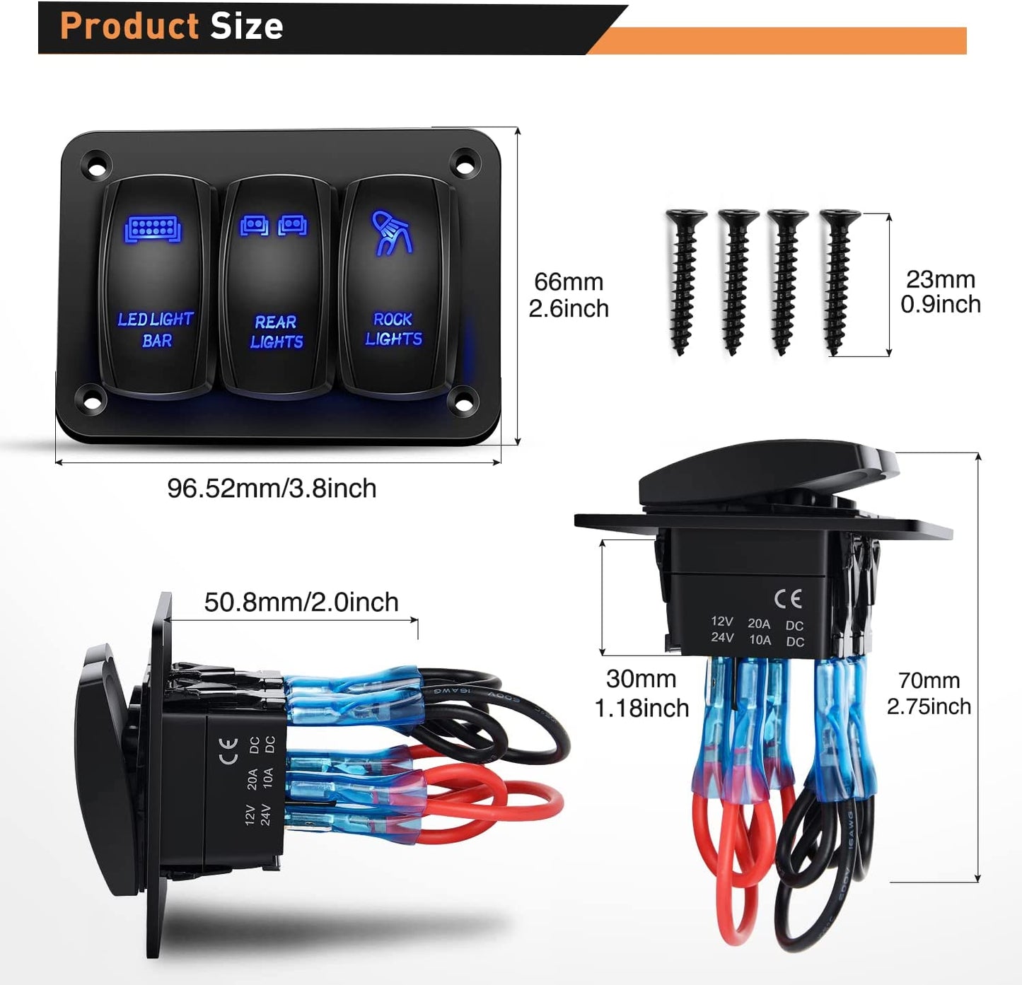 3 Gang LED Light Bar Rear Rock Lights Rocker Switch Panel Blue