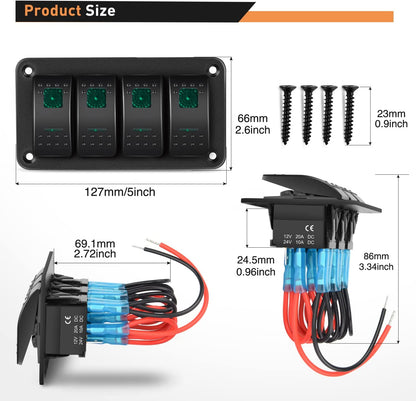 Waywe 4 Gang Rocker Switch Panel 5Pin On Off Toggle Switch Aluminum Holder 12V 24V Dash Pre-Wired Green Backlit Switches for Automotive Cars Marine Boats RVs Truck
