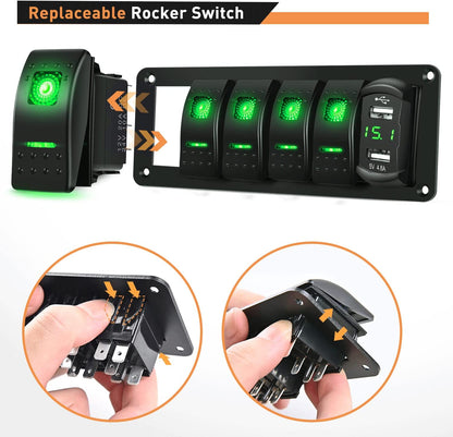 Waywe 5 Gang Rocker Switch Panel Green Backlit with 4.8 Amp Dual USB Charger Voltmeter Waterproof 12V 24V DC Rocker Switch  for Car Trucks Boats RVs