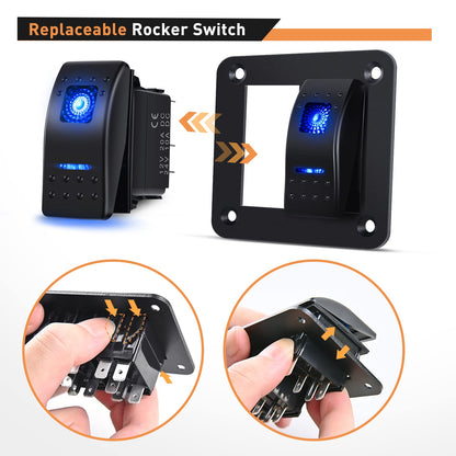 Waywe 2 Gang Rocker Switch Panel 12V 24V DC Blue Switches Aluminum Panel 5Pin ON Off PreWired Toggle Switch Panel Waterproof for Cars Boats ATVs UTVs