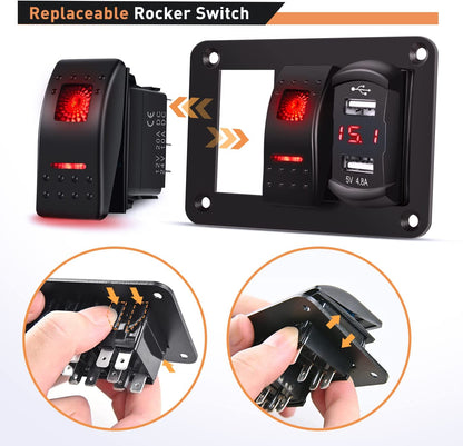 Waywe 2 Gang Rocker Switch Panel Red Backlit with 4.8 Amp Dual USB Charger Voltmeter Waterproof 12V 24V DC Rocker Switch  for Car Trucks Boats RVs