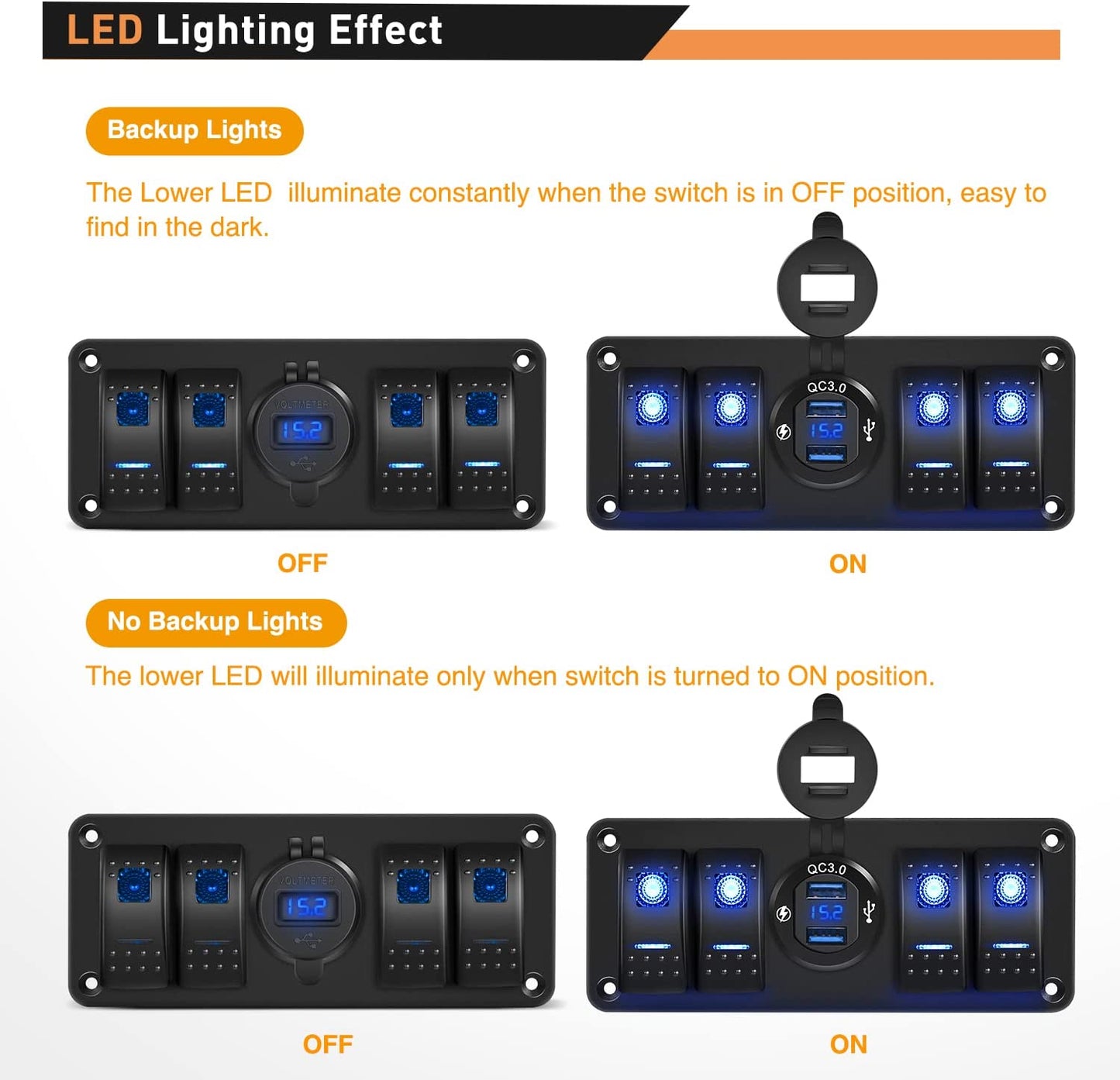 Waywe 4 Gang Rocker Switch Panel with USB Charger Voltmeter Waterproof 12V 24V DC Rocker Switch with QC3.0 Dual USB Charger for Cars Trucks Boats RV