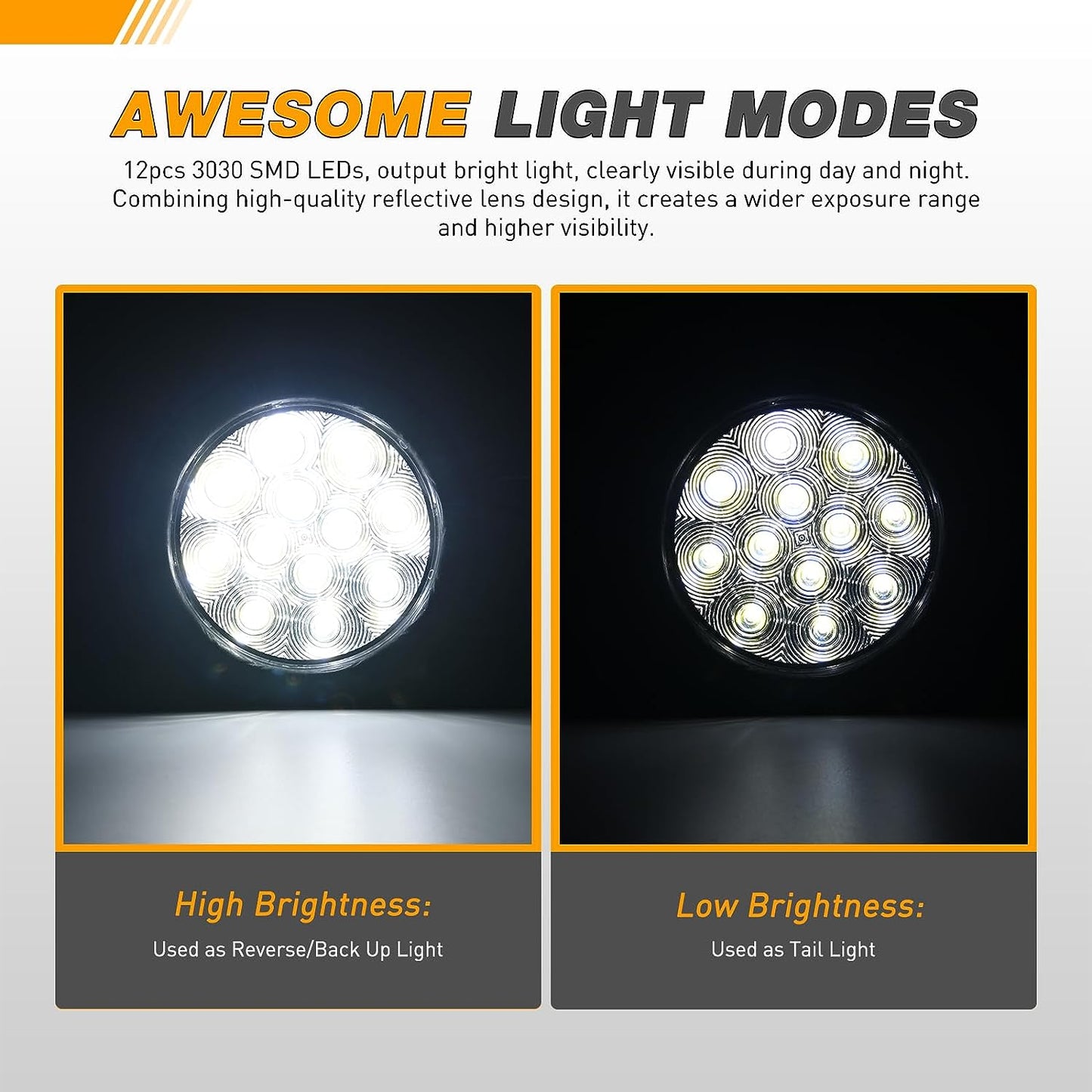 Waywe 4 Inch Round Trailer Tail Light 2 PCS 12 LED Amber Turn Signals Lights w/Surface Mount Grommets Plugs IP67 Waterproof for Truck RV Tractor