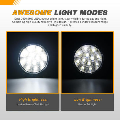 Waywe 4 Inch Round Trailer Tail Light 2 PCS 12 LED Amber Turn Signals Lights w/Surface Mount Grommets Plugs IP67 Waterproof for Truck RV Tractor