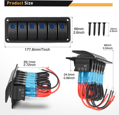 Waywe 6 Gang Aluminum Rocker Switch Panel Blue