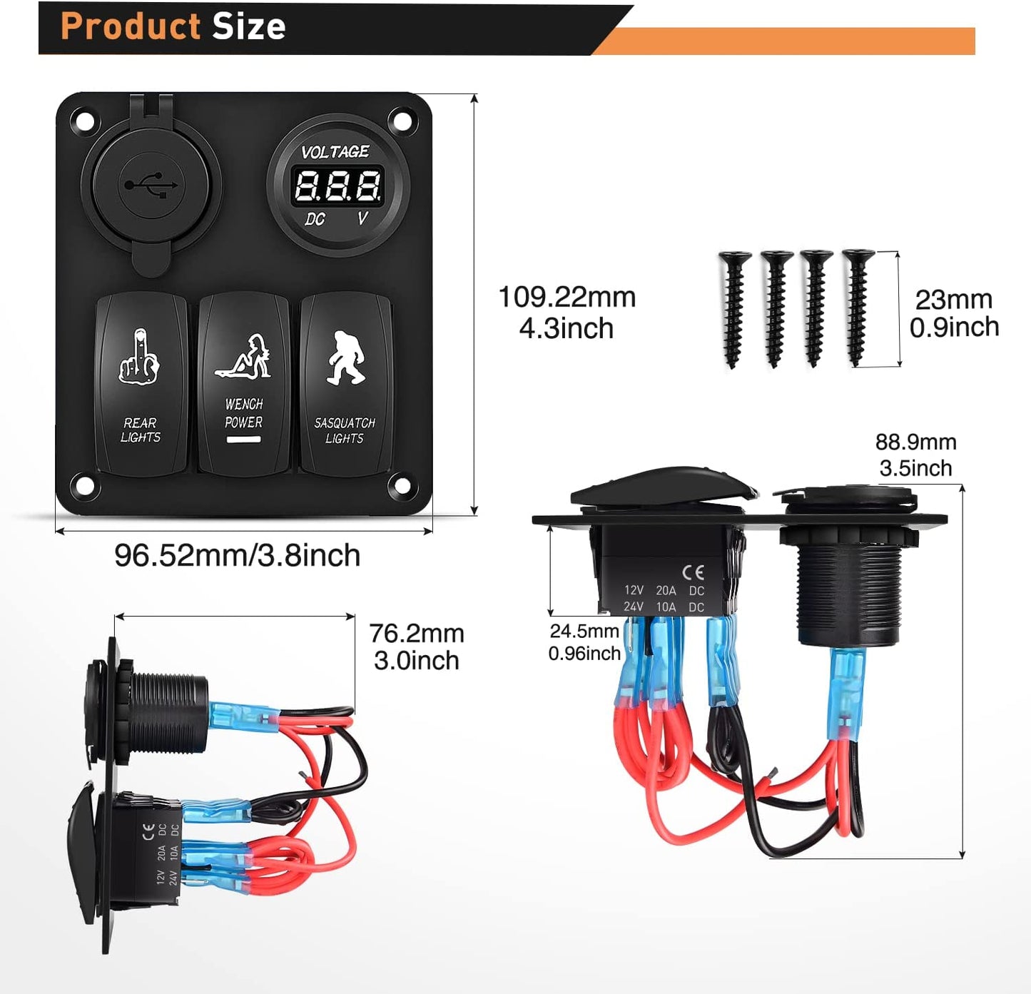 Waywe 3 Gang Rocker Switch Panel USB Charger LED Voltmeter Sasquatch Lights Wench Power Rear Lights Switch On Off Aluminum Waterproof Toggle Switch Panel for 12V Cars Trucks Boats