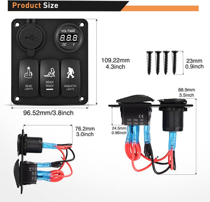Waywe 3 Gang Rocker Switch Panel USB Charger LED Voltmeter Sasquatch Lights Wench Power Rear Lights Switch On Off Aluminum Waterproof Toggle Switch Panel for 12V Cars Trucks Boats