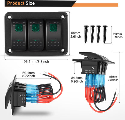 Waywe 3 Gang Aluminum Rocker Switch Panel Toggle Dash 5 Pin ON Off Pre Wired Rocker Switch Green Backlit Switch for Automotive Cars Boats RVs