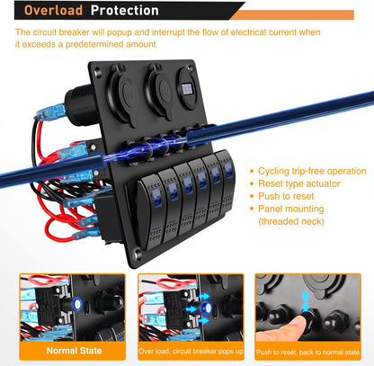 Waywe 6 Gang ON Off Rocker Switch Panel Blue Backlit 12V 24V LED Digital Voltmeter 3.1A Dual USB Charger Cigarette Lighter Socket Overload Protection Switch Panel for Cars RVs Boats