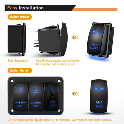 Waywe Rear Lights Rocker Switch Led Light Bar Switch 5Pin Laser On Off switches Blue 20A 12V 10A 24V Switch with Jumper Wires Set for Cars Trucks RVs