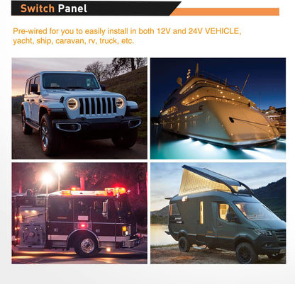 Waywe Multi-Function 5 Gang Rocker Switch Dual USB Charger Digital Volmeter 12V Outlet Pre-Wired Switch Panel Green with Circuit Breakers for RV Car Boat Truck Trailer