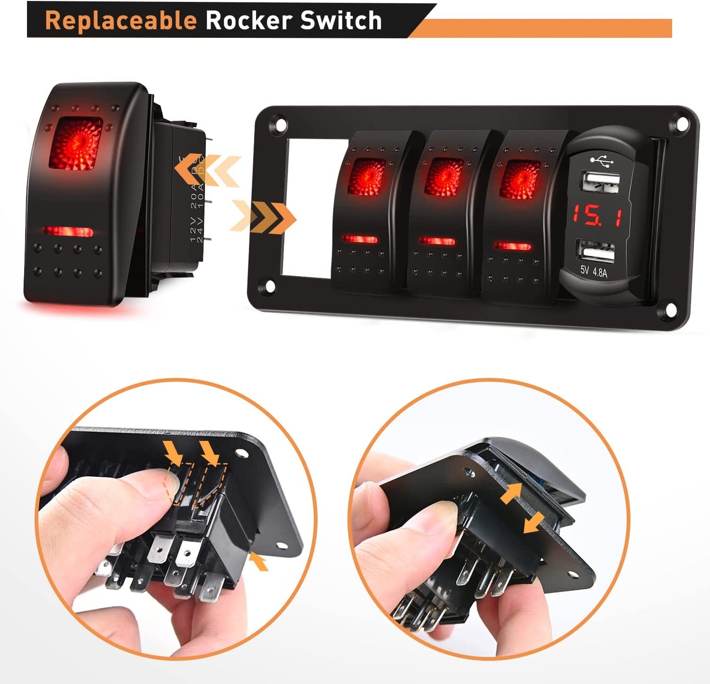 Waywe 4 Gang Rocker Switch Panel Red Backlit with 4.8 Amp Dual USB Charger Voltmeter Waterproof 12V 24V DC Rocker Switch  for Car Trucks Boats RVs