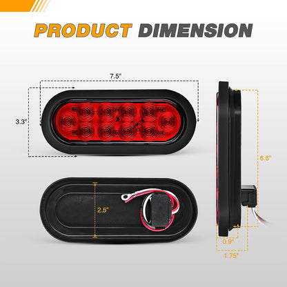 Waywe 6Inch Oval Trailer Tail Light 2PCS 10LED Red Stop Brake Turn Signals Lights w/Surface Mount Grommets Plugs Mounting Brackets IP67 Waterproof for Truck RV Tractor