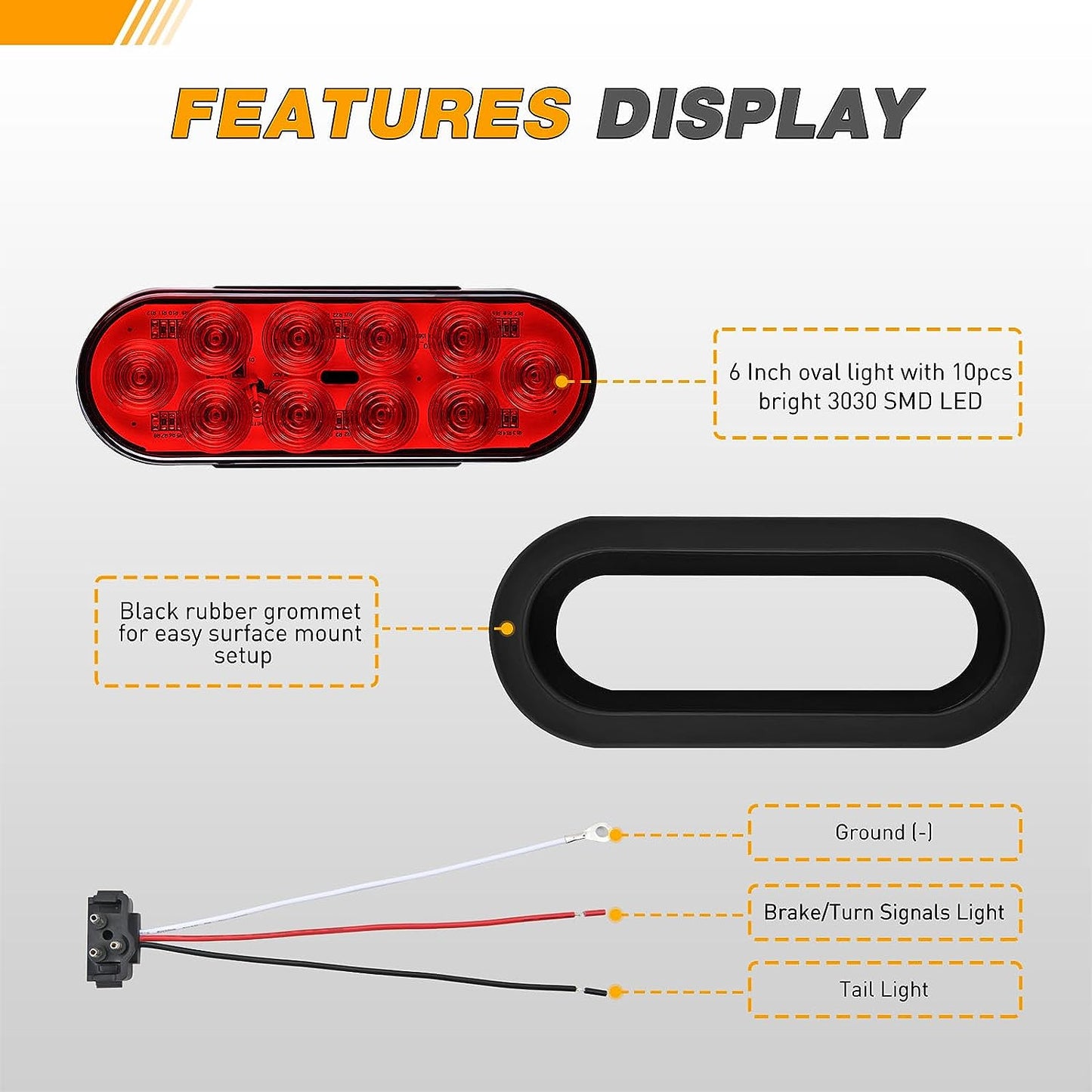 Waywe 6Inch Oval Trailer Tail Light 2PCS 10LED Red Stop Brake Turn Signals Lights w/Surface Mount Grommets Plugs IP67 Waterproof for Truck RV Tractor
