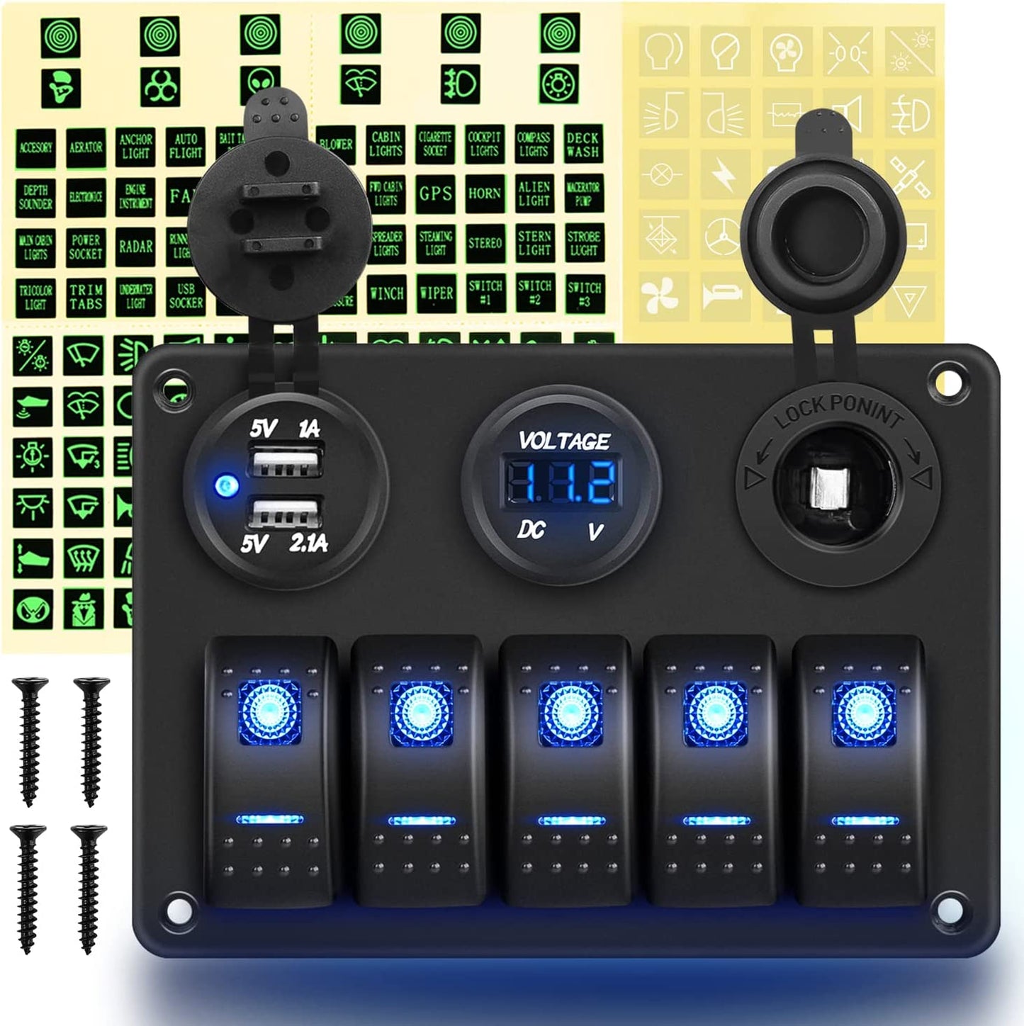 Waywe 5 Gang Rocker Switch Panel Pre-Wired Aluminum Switch Panel with Dual USB Cigarette Lighter Socket Voltmeter 12V 24V DC Switch Panel for Cars Rvs Trucks