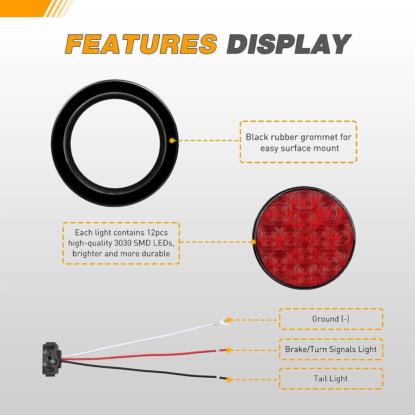 Waywe 4Inch Round Trailer Tail Light 4PCS 12LED Red Stop Brake Turn Signals Lights w/Surface Mount Grommets Plugs IP67 Waterproof for Truck RV Tractor
