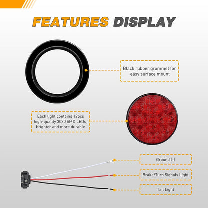 Waywe 4Inch Round Trailer Tail Light 4PCS 12LED Red Stop Brake Turn Signals Lights w/Surface Mount Grommets Plugs IP67 Waterproof for Truck RV Tractor