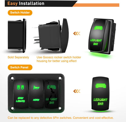 Waywe 2 Gang Rocker Switch Panel LED Light Bar Switch Rear Lights Switch 12 24V DC Green Switches 5Pin ON Off Pre-Wired Toggle Switch Panel for Cars ATVs UTVs