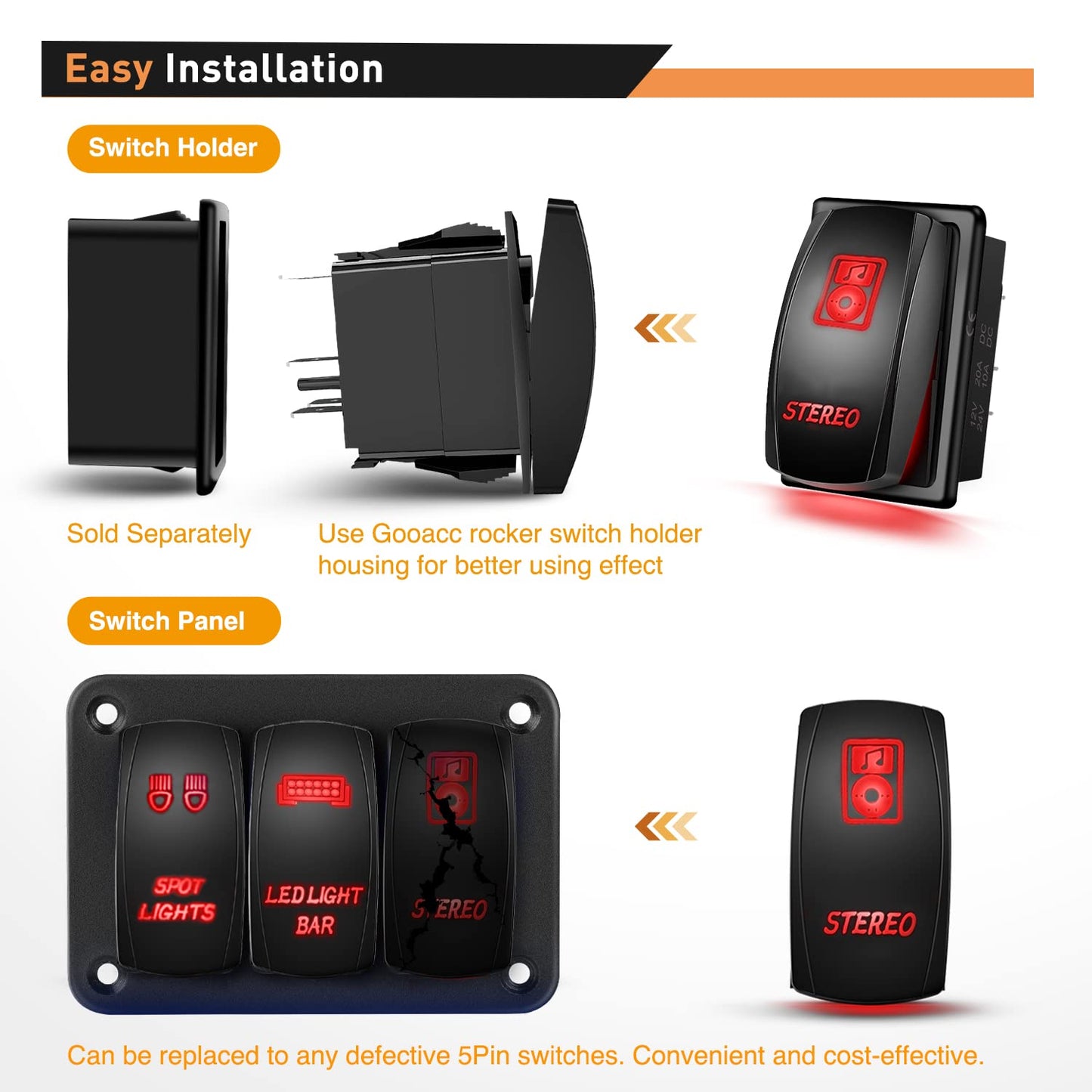 Waywe Stereo Rocker Switch Led Light Bar Switch 5Pin Laser On Off SPST switches Red 20A 12V 10A 24V Switch with Jumper Wires Set for Cars Trucks RVs